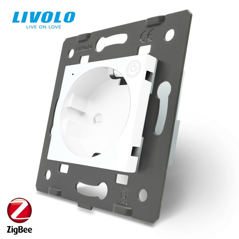 Модуль розетки электрической ZigBee (Wi-Fi) с заземлением защитными шторками 16A Livolo, цвет белый 